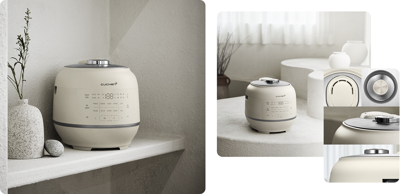 새로운 기술을 담은 프리미엄 디자인이 적용된 쿠첸 압력밥솥이 보여지고 있습니다.