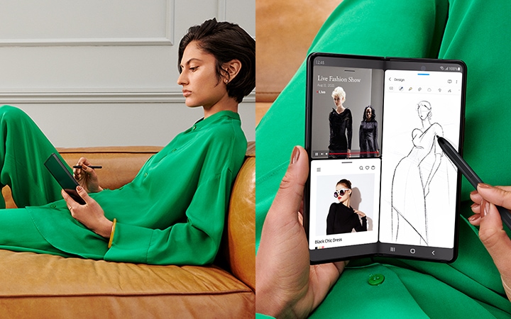 한 여성이 쇼파에 비스듬히 앉아 갤럭시 Z 폴드3 5G 제품의 화면을 보고 있습니다. 왼쪽 상단에는 동영상, 하단에는 웹사이트, 우측에는 S펜으로 그림을 그리는 화면이 분할되어 노출됩니다.