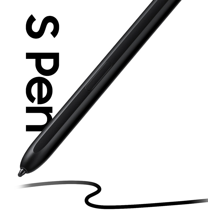 좌측에 세로로 S Pen 로고가 있고 우측에 블랙 컬러의 S펜으로 선을 그리는 듯한 연출이 되어 있습니다.