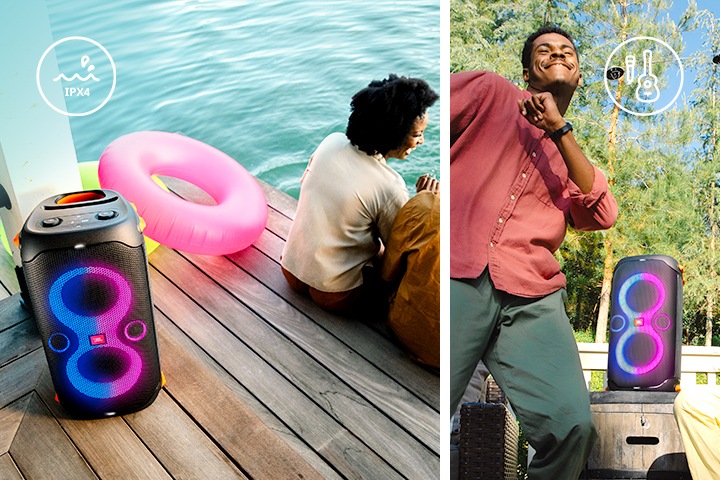 여성, 남성사용자가 물가에 앉아있고, 뒤쪽으로 JBL PARTYBOX 110 제품이 보입니다. 우측 이미지에는 여성 사용자가 기타를 치고 있고, JBL PARTYBOX 110 제품이 나무위에 올려져있습니다. 