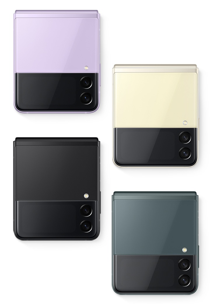왼쪽부터 라벤더, 크림, 팬텀 블랙, 그린 컬러의 닫힌 상태의 갤럭시 Z 플립3 5G 제품 정면이 보입니다.