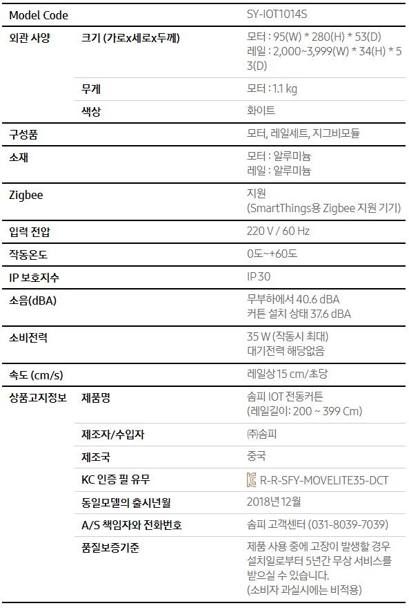 솜피제품의 제품사양스펙을 보여줍니다.