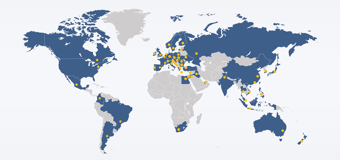 세계지도가 푸른색으로 표시되고있고 각자 노란색점으로 각국에서 솜피가 제품을 판매하는 장소들이 시각적으로 표현되고 있습니다.