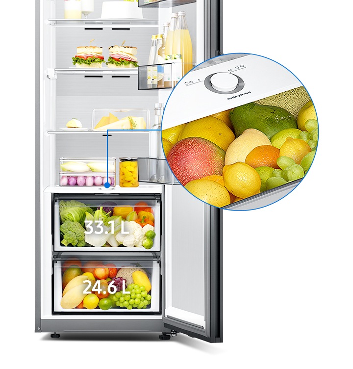 도어가 열린 냉장고의 습도 조절이 가능한 빅박스의 조작부가 확대되어 보여지고 있습니다.