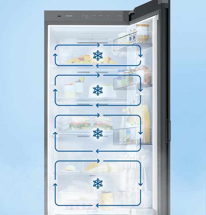 냉장고 문이 열려있으며, 안에 칸마다 음식이 놓여져 있습니다. 칸에 각각 멀티 냉각 시스템을 나타내는 인포그래픽이 보여집니다.