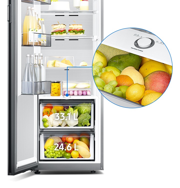 도어가 열린 냉장고의 습도 조절이 가능한 빅박스의 조작부가 확대되어 보여지고 있습니다.