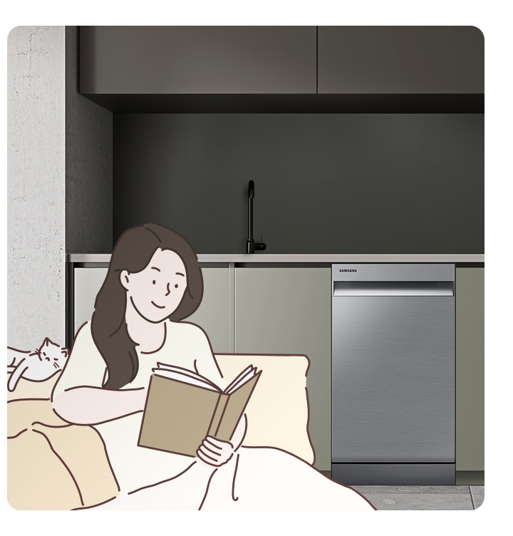 식기세척기가 돌아가는 도중 편하게 일상생활이 가능하다는 모습이 표현되어 있습니다.
