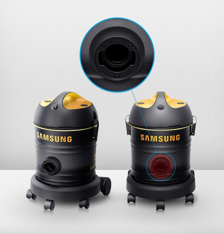 업소용 청소기 유로 옐로우 제품 정면 왼쪽 45도 컷 및 정면 모습에 먼지통 부분 확대 컷입니다.