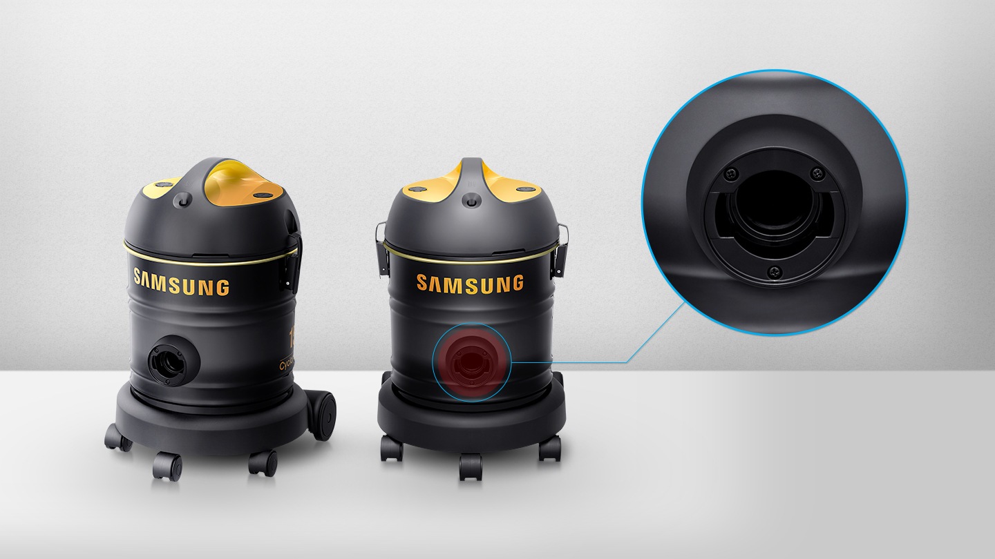 업소용 청소기 유로 옐로우 제품 정면 왼쪽 45도 컷 및 정면 모습에 먼지통 부분 확대 컷입니다.