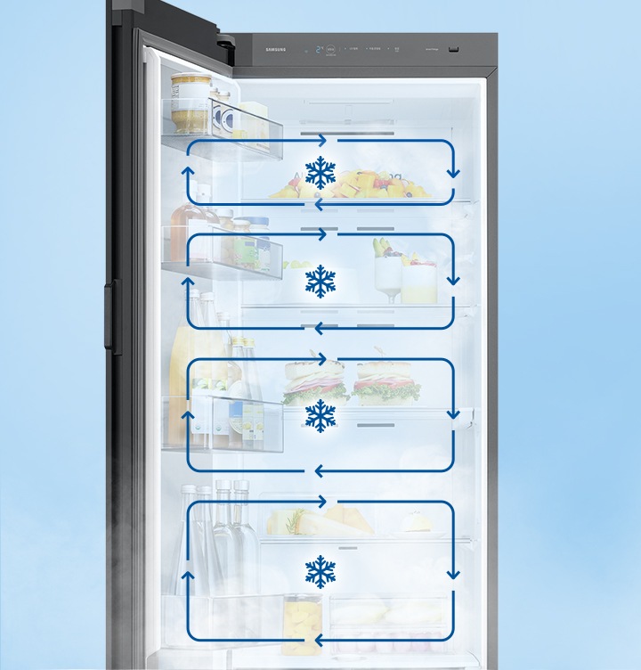 냉장고 문이 열려있으며, 안에 칸마다 음식이 놓여져 있습니다. 칸에 각각 멀티 냉각 시스템을 나타내는 인포그래픽이 보여집니다.
