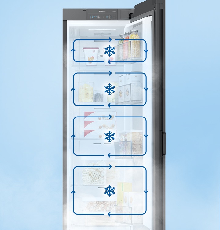 냉장고 문이 열려있으며, 안에 칸마다 음식이 놓여져 있습니다. 칸에 각각 멀티 냉각 시스템을 나타내는 인포그래픽이 보여집니다.