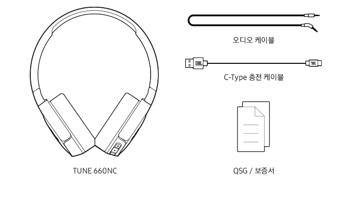 JBL TUNE 660NC 구성품 들이 일러스트화 되어 보여집니다. TUNE 660NC 제품, 오디오 케이블, C-Type 충전 케이블, QSG/ 보증서가 있습니다.