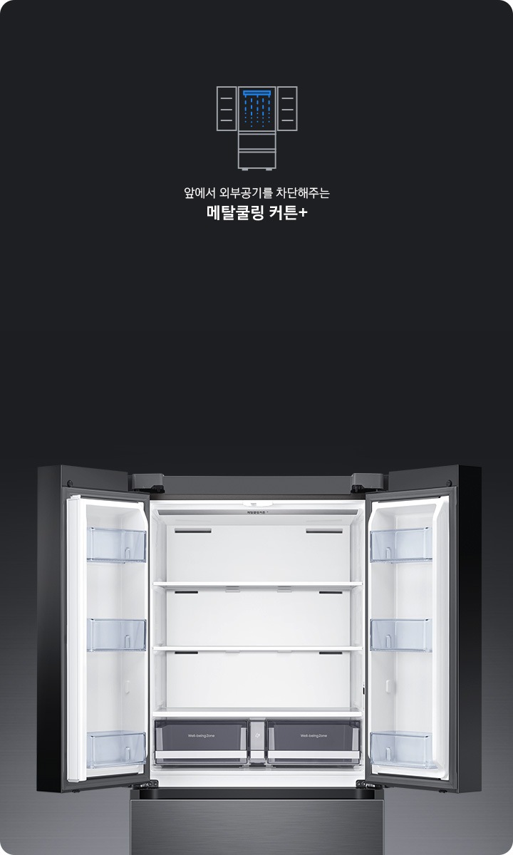 상칸 도어가 열린 김치냉장고가 중앙에 놓여있고, 주변에 메탈쿨링 기능을 나타내는 아이콘과 설명이 보여지고 있습니다.