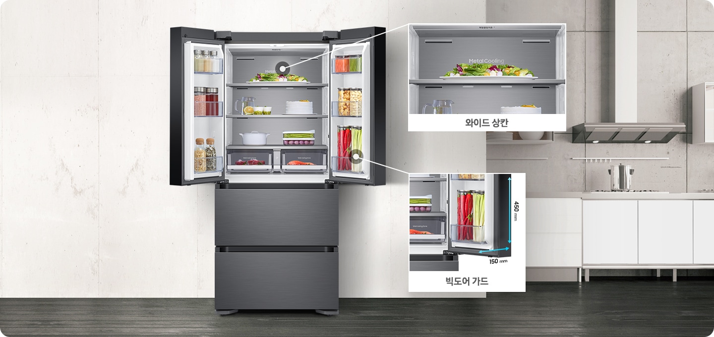 상칸 문이 열린 제품이미지가 보여지고, 상칸 내부에 각 공간에 대한 확대 이미지와 설명이 보여집니다.