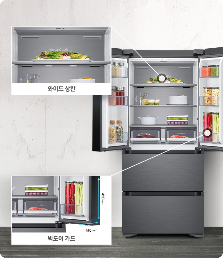 상칸 문이 열린 제품이미지가 보여지고, 상칸 내부에 각 공간에 대한 확대 이미지와 설명이 보여집니다.