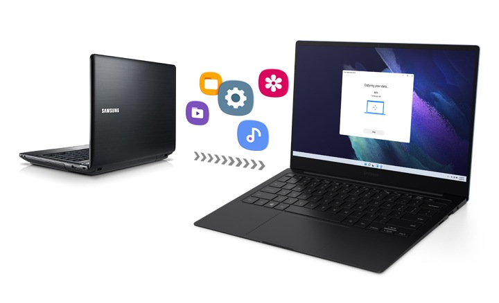 Galaxy Book Smart Switch의 기능을 사용하여 이전에 사용하던 노트북과 갤럭시북 Pro 간에 무선 연결을 통해 손쉽게 옮기는 나타내는 이미지입니다.