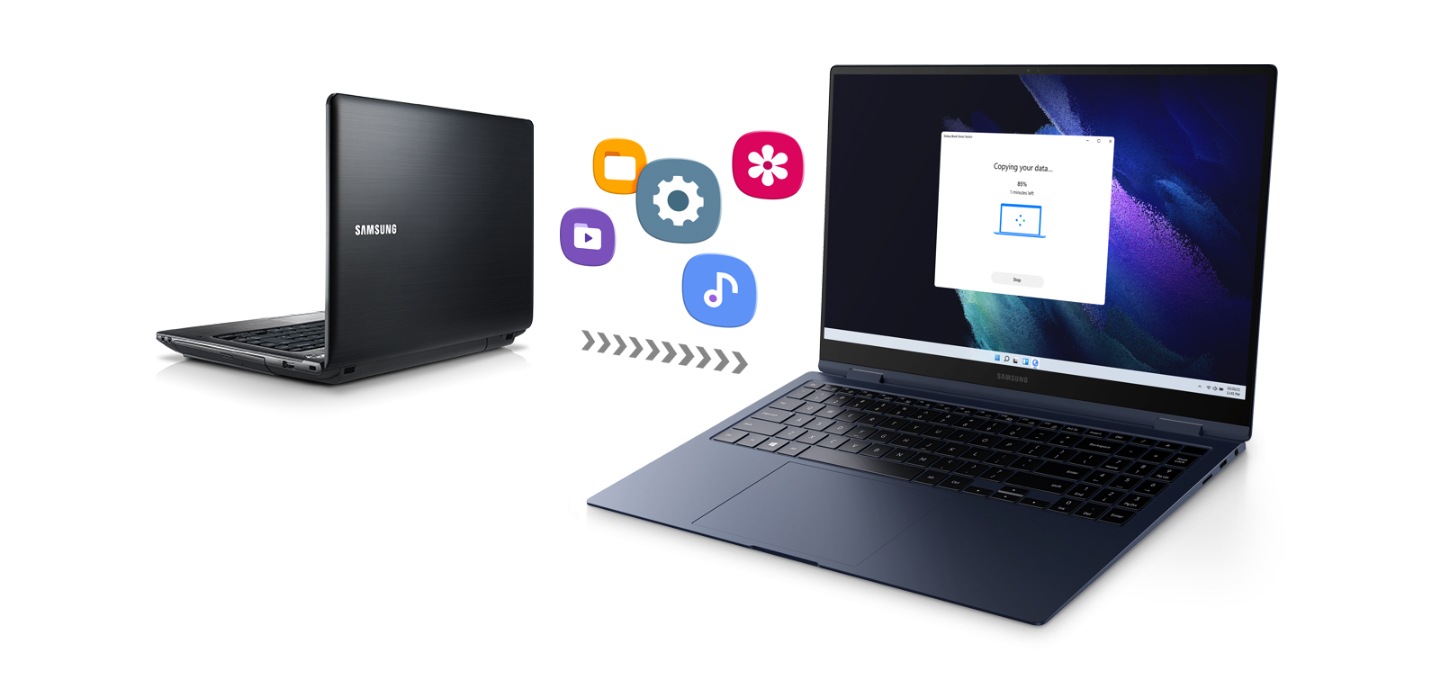 Galaxy Book Smart Switch의 기능을 사용하여, 무선 연결을 통해 손쉽게 저장된 설정까지 간단하게 옮길 수 있습니다.