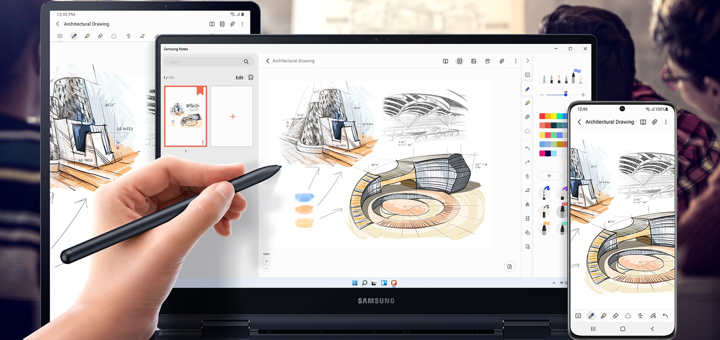 Samsung Notes의 기능으로 모든 갤럭시 기기의 삼성 노트에서 필기한 내용이 자동으로 연동됩니다. 뿐만 아니라 PDF 필기, 음성 메모까지 활용되어 작업의 효율을 높여줍니다.