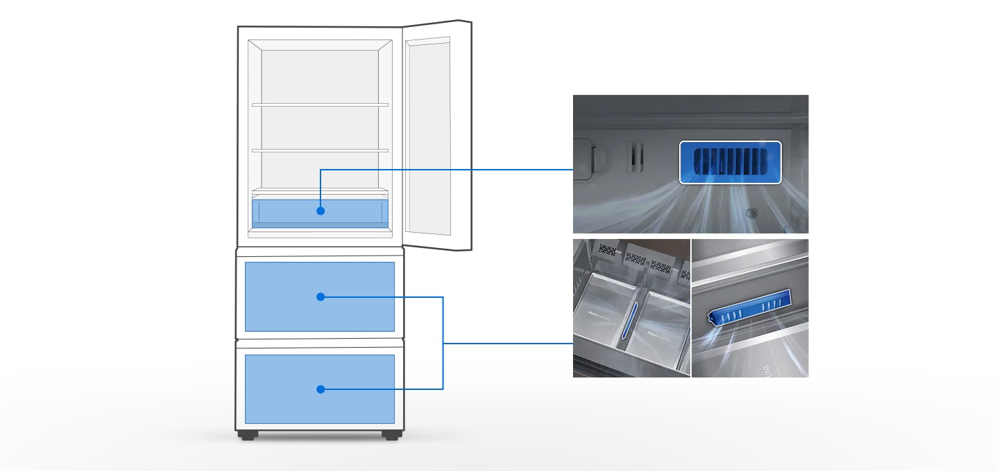 좌측에는 3도어 김치냉장고가 이미지로 배치되어 있으며, 상칸 하단, 중, 하칸부분이 파란색으로 표기되어 있습니다. 우측에는 각 파란색으로 표기된 부분의 프레시필터 이미지를 한눈에 알수 있도록 확대된 실사 이미지가 배치되어 있습니다.