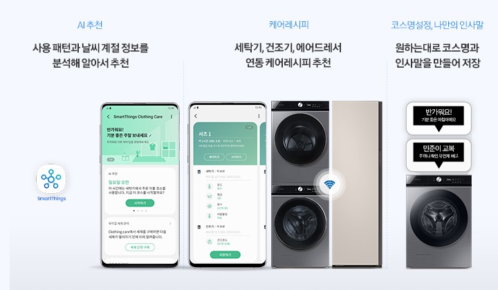 죄쪽부터 세제 간편 구매 세제를 다쓸 때쯤 알려주고, 구매 링크 연동해 필요할 때 간편하게 구매가능 아래에는 SmartThings Clothing care 우리집 구매하기 문구랑 SmartThings 앱 로고 이미지 옆에는 앱 화면이 보입니다. 가운데는 케어레시피 세탁기, 건조기, 에어드레서 연동 케어레시피 추천 앱화면 세/건 패키지, 에어드레서 제품이 있고 가운데는 와이파이 로고 있습니다. 우측은 코스명설정, 나만의 인사말 원하는대로 코스명과 인사말을 만들어 저장 이미지 보여주고 있습니다.