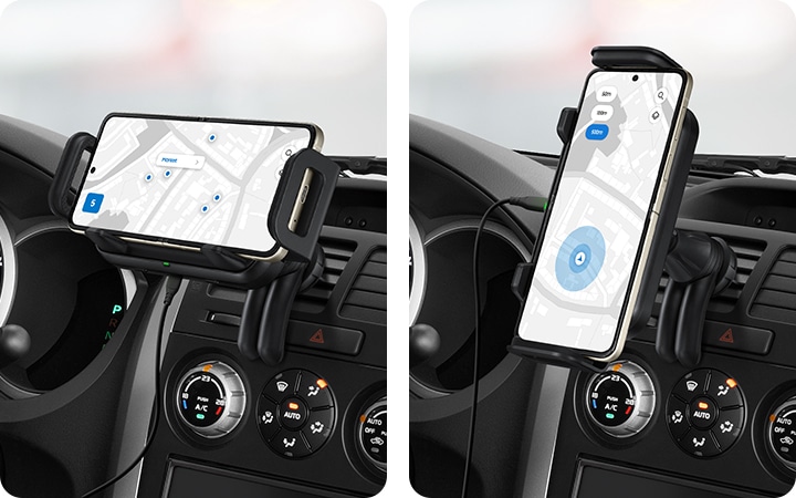 이미지가 2개로 분할되어 보여집니다. 왼쪽 이미지에는 무선 충전 차량 거치대가 자동차에 장착되어 있으며 스마트폰이 가로로 거치대에 장착되어 있습니다. 오른쪽 이미지에는 무선 충전 차량 거치대가 자동차에 장착 되어 있으며 스마트폰이 세로로 거치대에 장착되어 있습니다.