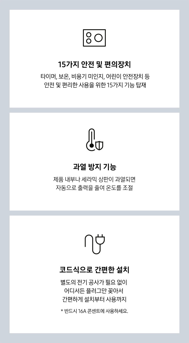더 편리한 사용을 위한 다양한 기능 3가지가 나열 되어있습니다. 첫번째는 15가지 안전 및 편의장치 타이머, 보온, 비용기 미인지, 어린이 안전장치 등 안전 및 편리한 사용을 위한 15가지 기능 탑재 문구가 있고, 문구 위에 전기레인지 아이콘이 있습니다. 두번째는 과열 방지 기능, 제품 내부나 세라믹 상판이 과열되면 자동으로 출력을 줄여 온도를 조절 문구가 있고, 문구 위에 온도계와 방어 아이콘이 있습니다. 세번째는 코드식으로 간편한 설치 별도의 전기 공사가 필요 없이 어디서든 플러그만 꽂아서 간편하게 설치부터 사용까지 * 반드시 16A 콘센트에 사용하세요. 문구 위에 코드 모양 아이콘이 있습니다.