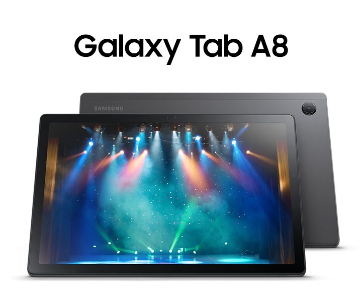 태블릿 정면과 뒷면이 보이고 있습니다. 태블릿에는 형형색색의 조명이 켜진 무대가 보입니다. 태블릿 좌측에는 Galaxy Tab A8이 표기되어 있습니다.