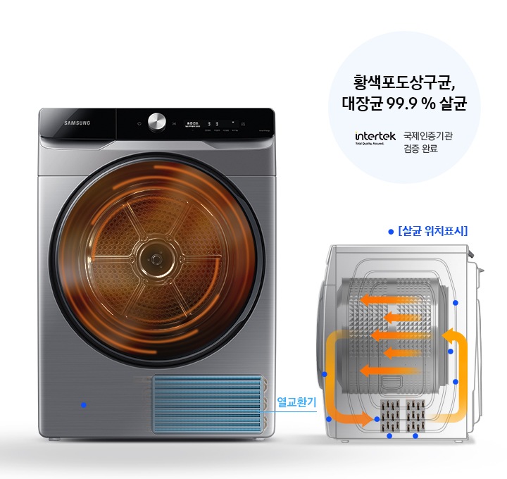 건조기 제품이 중앙에 놓여져 있고, 좌측엔 직접 관리형 열교환기, 우측에는 올인원필터, 마이크로 안심 필터에 대한 설명을 보여주고 있습니다. 올인원 필터와 마이크로 안심필터로 더욱 위생적으로! 올인원 필터로1, 2차 먼지를 거르고 마이크로 안심 필터가 3차로 한 번 더 걸러주니까 먼지 걱정 없이 안심하고 사용하세요