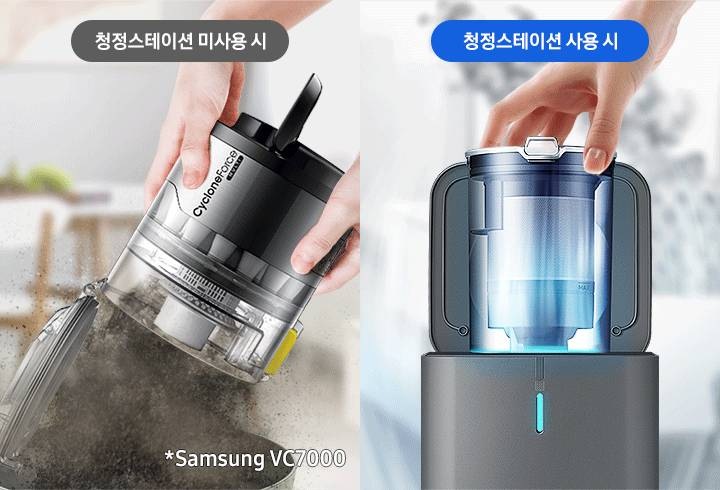 청정스테이션 미사용시와 사용시 나누어 먼지날림을 비교하고 있습니다.