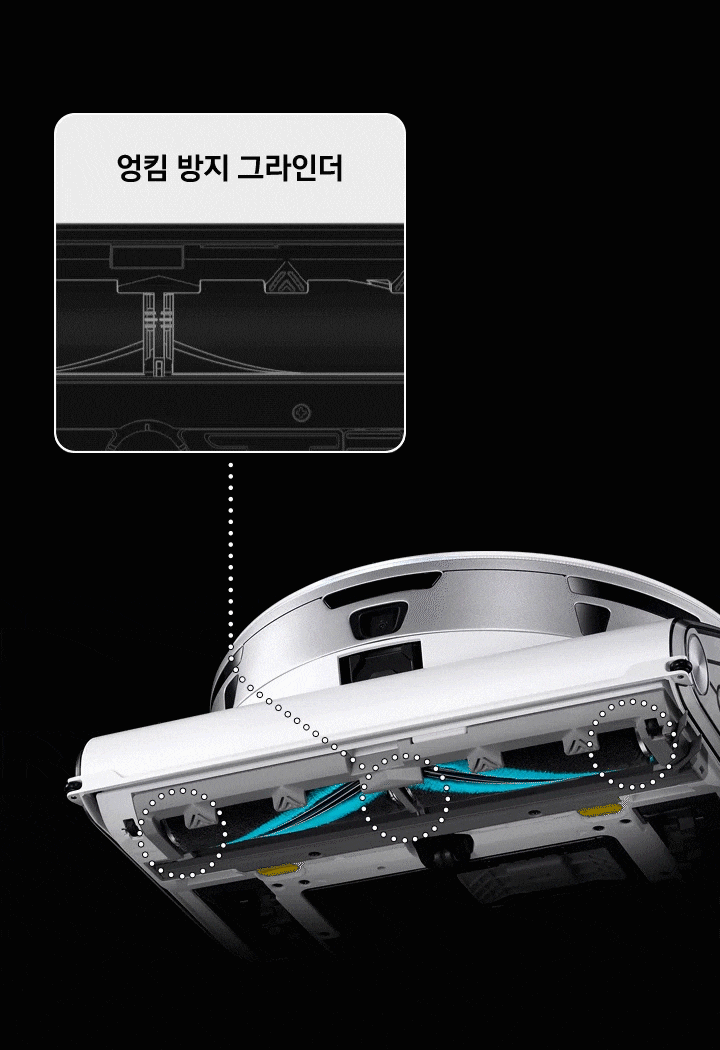 BESPOKE 제트 봇 AI 미스티 화이트의 하단 모습과 소프트 마루 브러시가 강조되어 보입니다. 왼쪽 상단에는 엉킴 방지 그라인더의 구조를 한눈에 보여주는 그림이 있습니다.