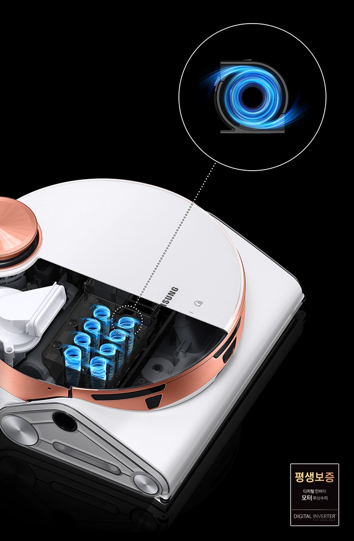 제트 봇을 위에서 대각선으로 바라본 모습입니다. 기기 상부의 반 정도를 엑스레이처럼 안이 들여다 보이게 연출하여 8개의 싸이클론 구조 흡입 모터를 표현하고 있습니다. 마치 소용돌이가 치는 듯한 모양으로 공기가 회전하는 듯한 효과를 표현했습니다. 