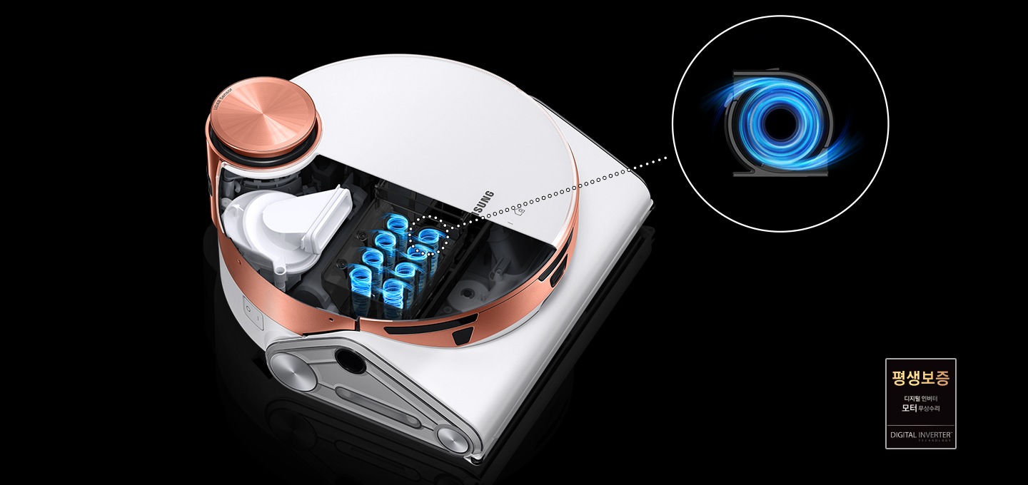 제트 봇을 위에서 대각선으로 바라본 모습입니다. 기기 상부의 반 정도를 엑스레이처럼 안이 들여다 보이게 연출하여 8개의 싸이클론 구조 흡입 모터를 표현하고 있습니다. 마치 소용돌이가 치는 듯한 모양으로 공기가 회전하는 듯한 효과를 표현했습니다. 