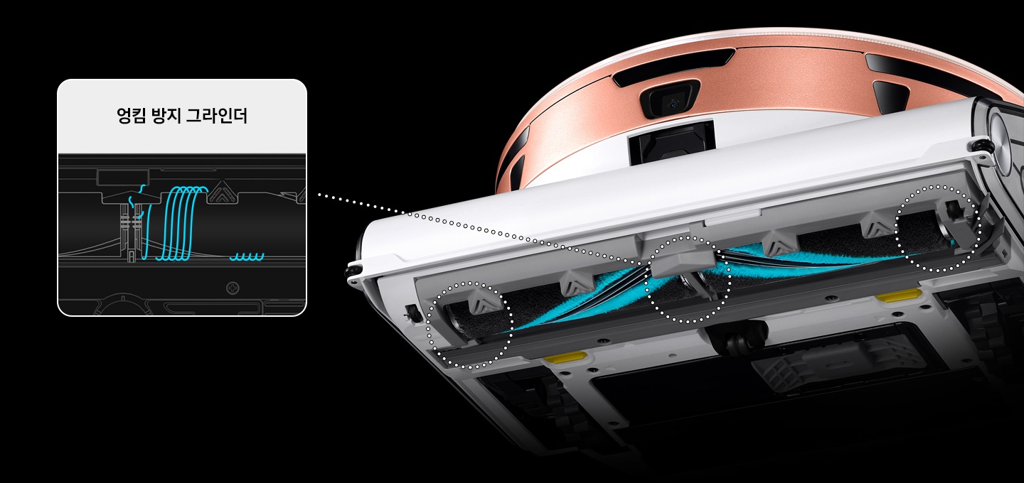 제트 봇의 하단 모습과 소프트 마루 브러시가 강조되어 보입니다. 왼쪽 상단에는 엉킴 방지 그라인더의 구조를 한눈에 보여주는 그림이 있습니다.