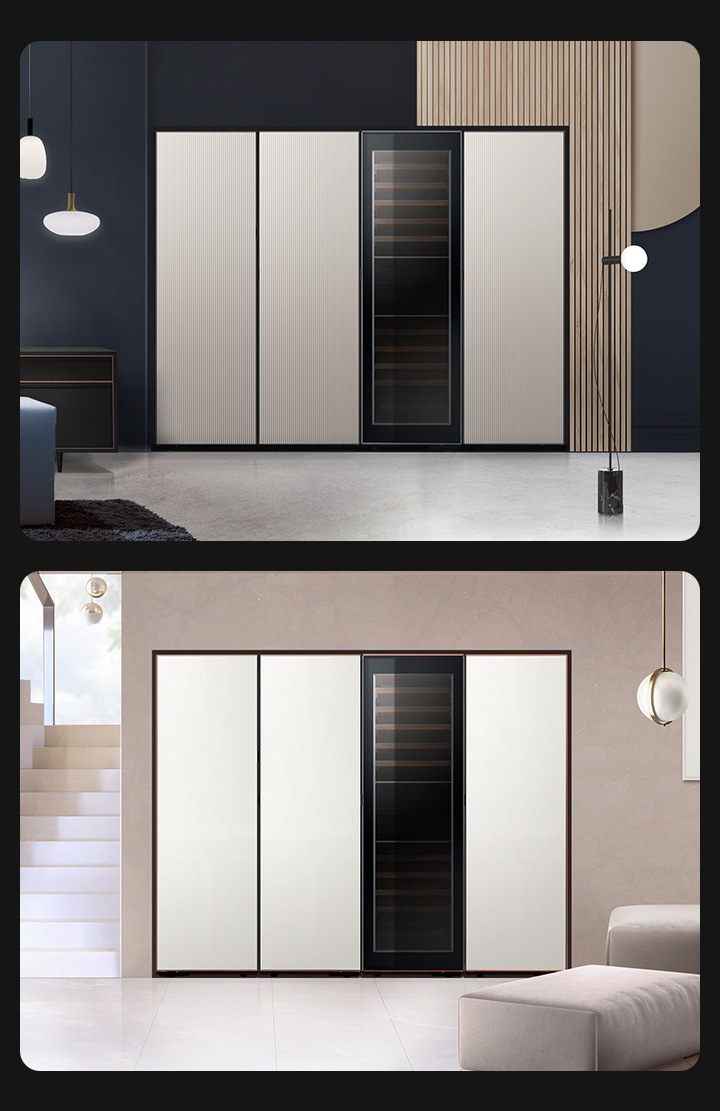 2개의 실내 공간에 각각 1도어 4개가 조합된 이미지, 일반 냉장고 4도어와 김치플러스 4도어가 조합된 이미지가 보입니다.