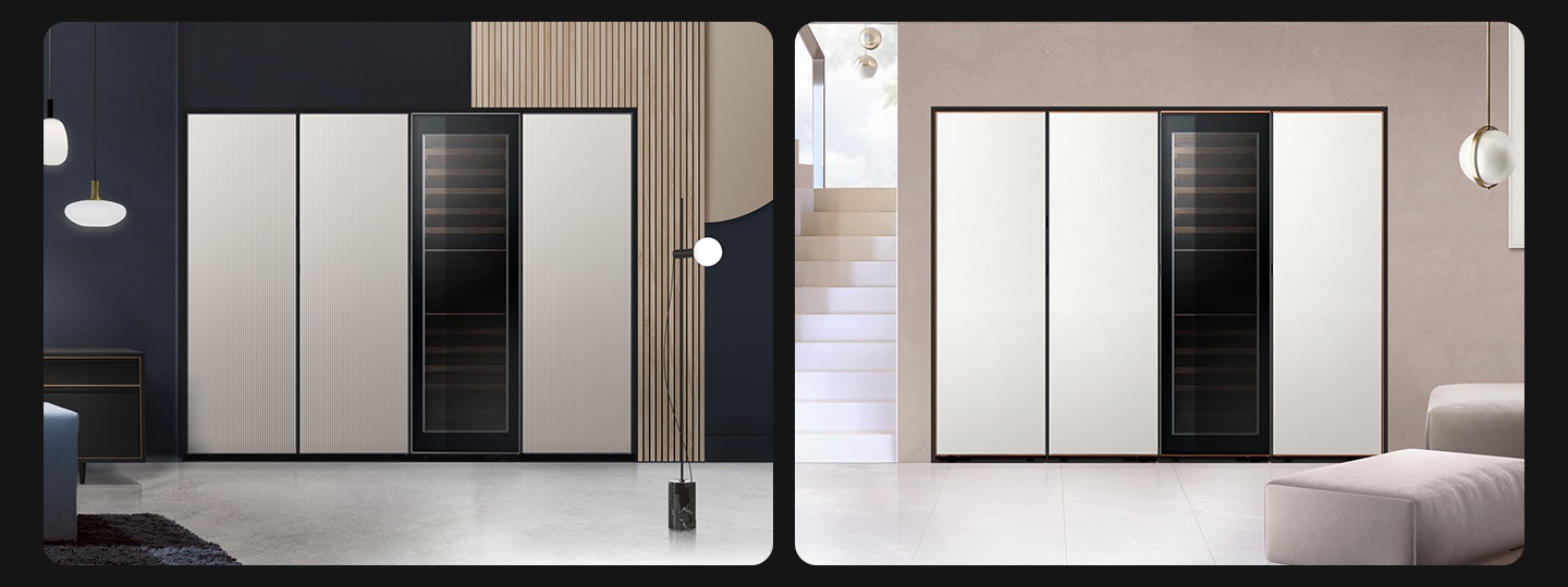 2개의 실내 공간에 각각 1도어 4개가 조합된 이미지, 일반 냉장고 4도어와 김치플러스 4도어가 조합된 이미지가 보입니다.