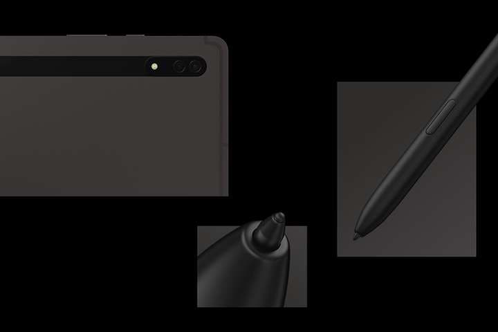 S펜이 갤럭시 탭 S8 시리즈의 뒷면과 가느다란 펜의 끝이 클로즈업 됩니다. 