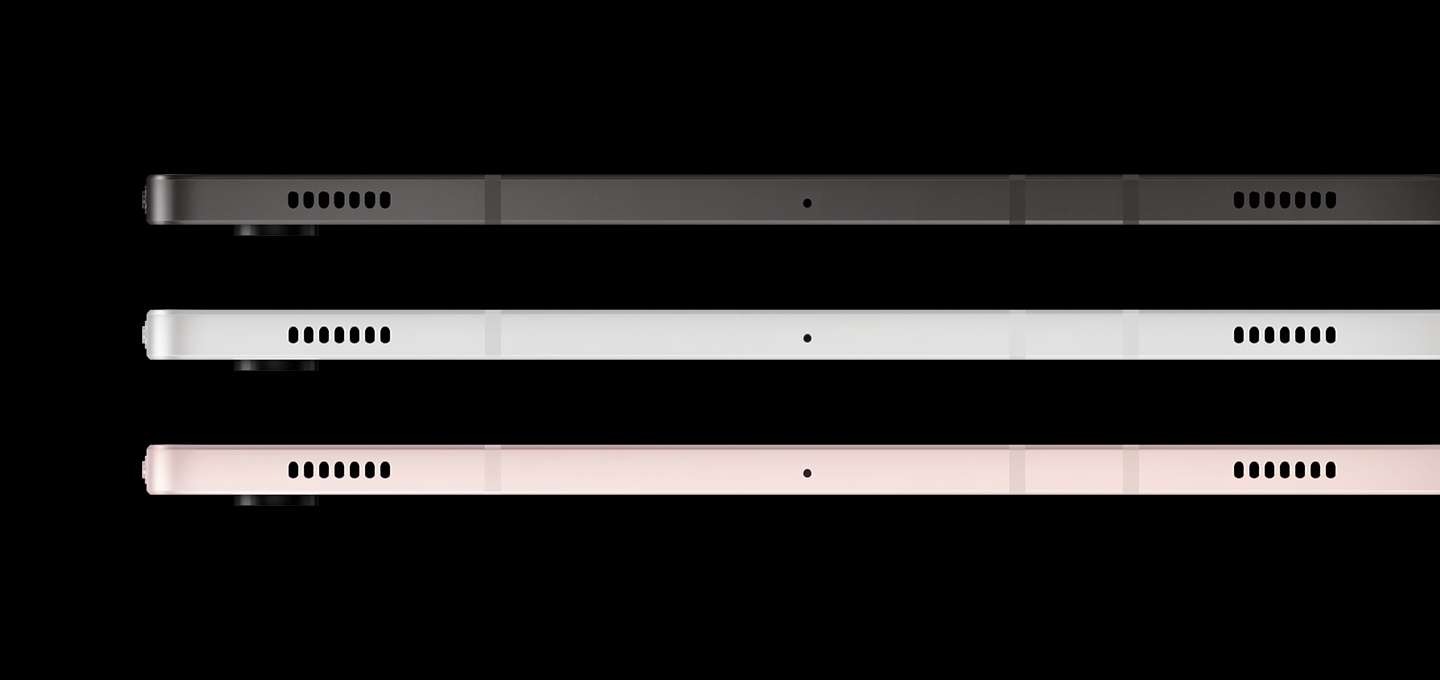 실버, 핑크 골드, 그라파이트 색상의 갤럭시 탭 S8 시리즈에 장착된 아머 알루미늄 프레임. 슬림한 디자인에 내구성을 강조하고 있습니다.