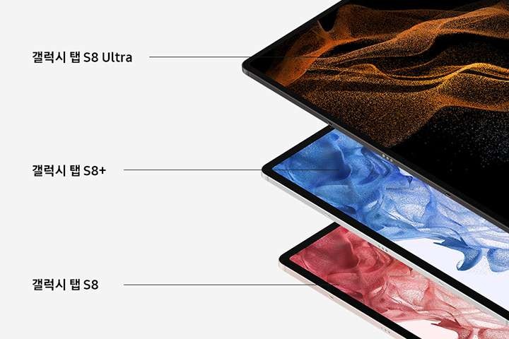 갤럭시 탭 S8 울트라, 갤럭시 탭 S8+, 갤럭시 탭 S8의 클로즈업 장면입니다. 각 태블릿 화면에는 서로 다른 컬러의 배경 이미지가 있습니다. 