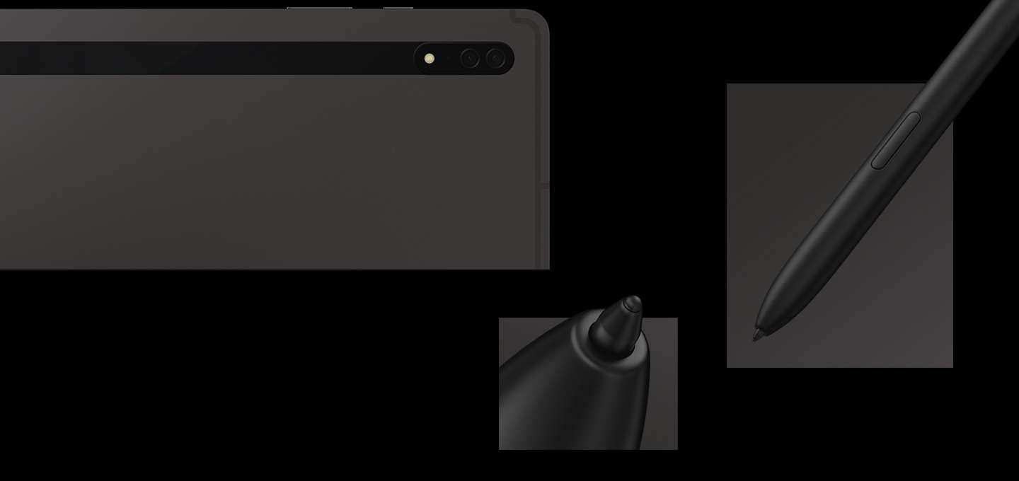 S펜이 갤럭시 탭 S8 시리즈의 뒷면과 가느다란 펜의 끝이 클로즈업 됩니다. 