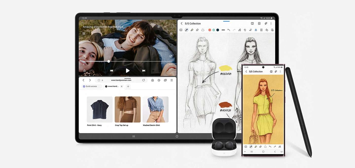갤럭시 탭 S8 시리즈 화면이 세 개로 나뉘어져 있습니다. 왼쪽 상단에는 세 명의 사람들이 풀밭에 누워있는 영상이 재생중입니다. 왼쪽 하단에는 쇼핑 사이트가 펼쳐져 있습니다. 우측 화면에는 디자인 스케치가 있습니다. 갤럭시 탭 S8 시리즈의 오른쪽 하단에는 갤럭시 버즈2가 있으며 바로 오른쪽에는 디자인 스케치가 그려진 갤럭시 S22 울트라와 S펜이 세워져 있습니다.
