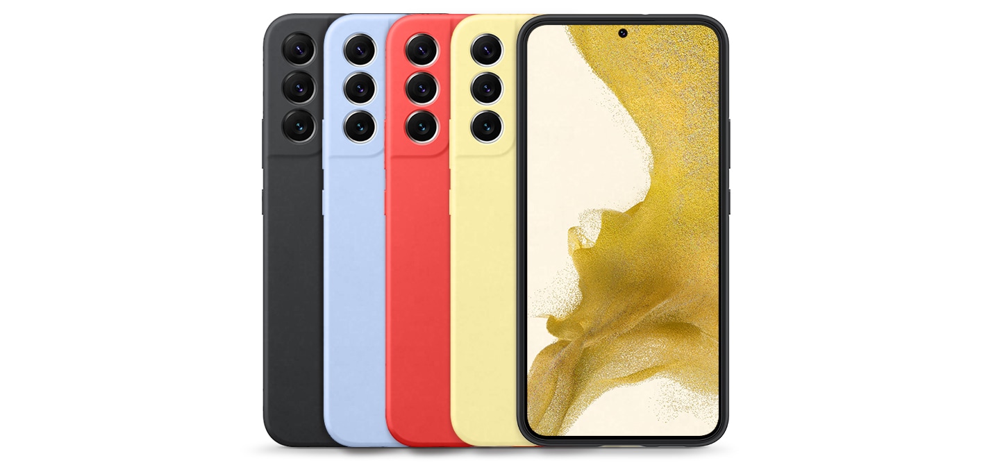 갤럭시 S22+ 실리콘 커버 왼쪽에서부터 블랙, 스카이블루, 코랄, 옐로우가 나열 되어 있습니다. 맨 오른쪽에는 단말기 정면 이미지가 있습니다.