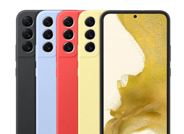 갤럭시 S22+ 실리콘 커버 왼쪽에서부터 블랙, 스카이블루, 코랄, 옐로우가 나열 되어 있습니다. 맨 오른쪽에는 단말기 정면 이미지가 있습니다.