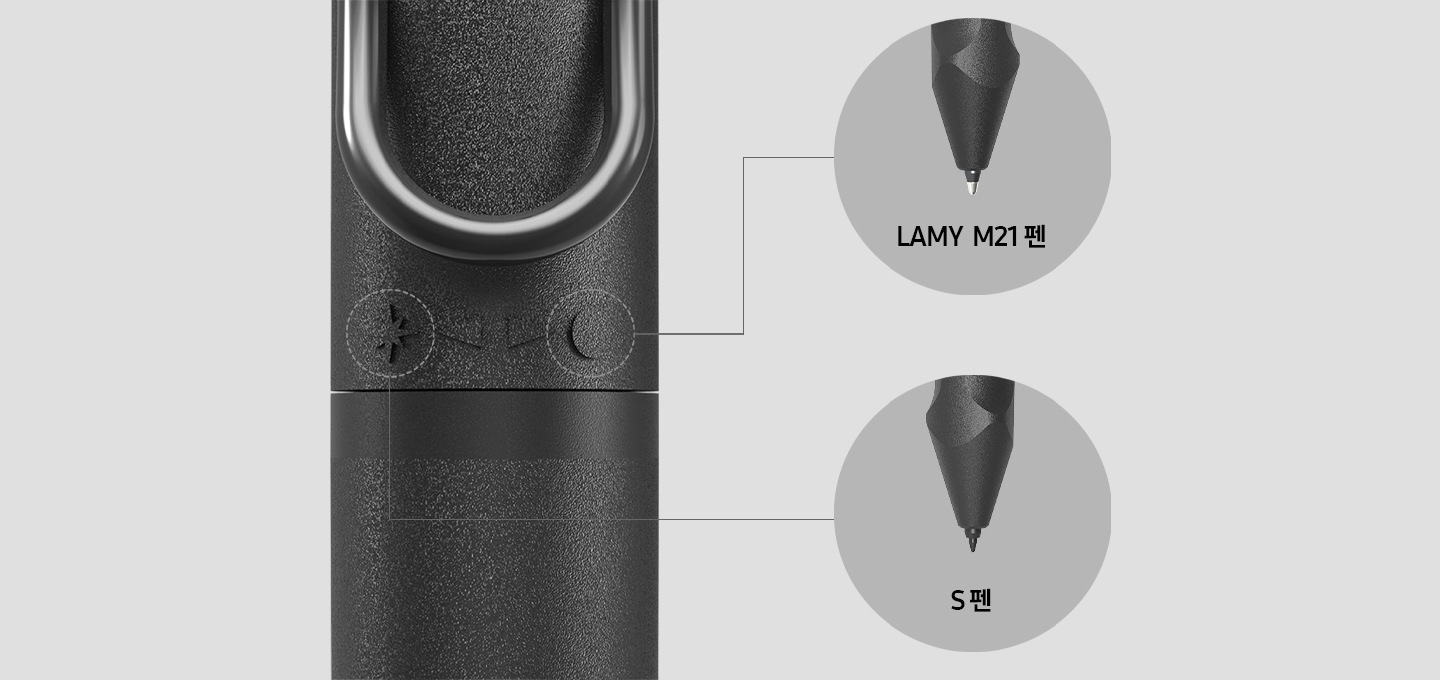제품의 상세 모습이 보여지며 돌려서 사용 하면 다른 펜팁이 나오는것을 설명하는 이미지 입니다. 위쪽에는 LAMY M21펜이 보여지며 아래쪽에는 S펜이 보여집니다.