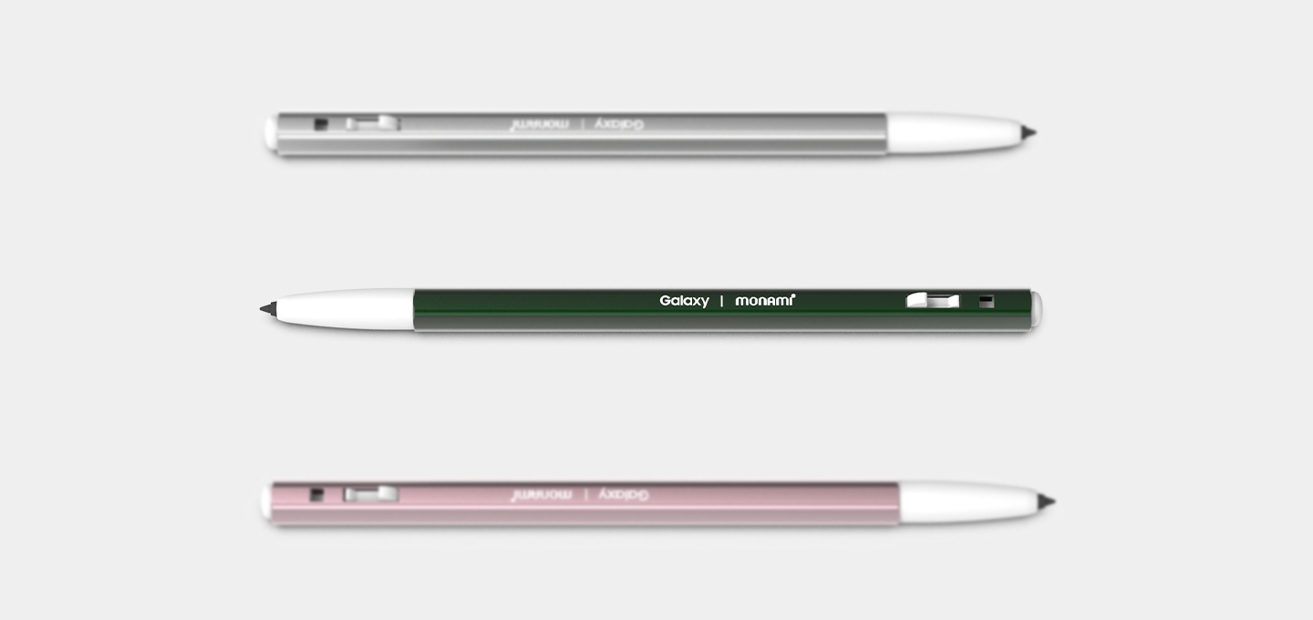 This is the front view of the three Monami 153 S Pen products, each in a different color.