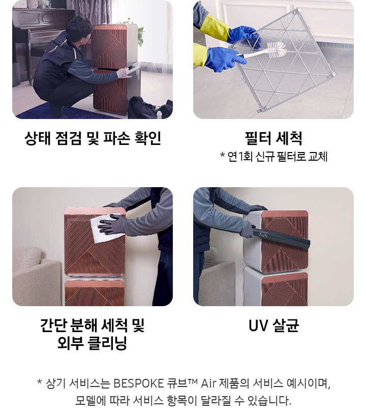 전문가가 삼성케어플러스 공기청정기 가전케어 수행하는 과정 순서를 설명하는 이미지입니다. 공기청정기 상태 점검 및 파손 확인을 나타내는 이미지와 텍스트가 보여집니다. 공기청정기 필터 세척을 나타내는 이미지와 텍스트가 보여집니다. 연 1회 신규 필터로 교체 텍스트가 보여집니다. 외부 클리닝 모습의 이미지와 텍스트가 보여집니다. UV살균 모습의 이미지와 텍스트가 보여집니다.