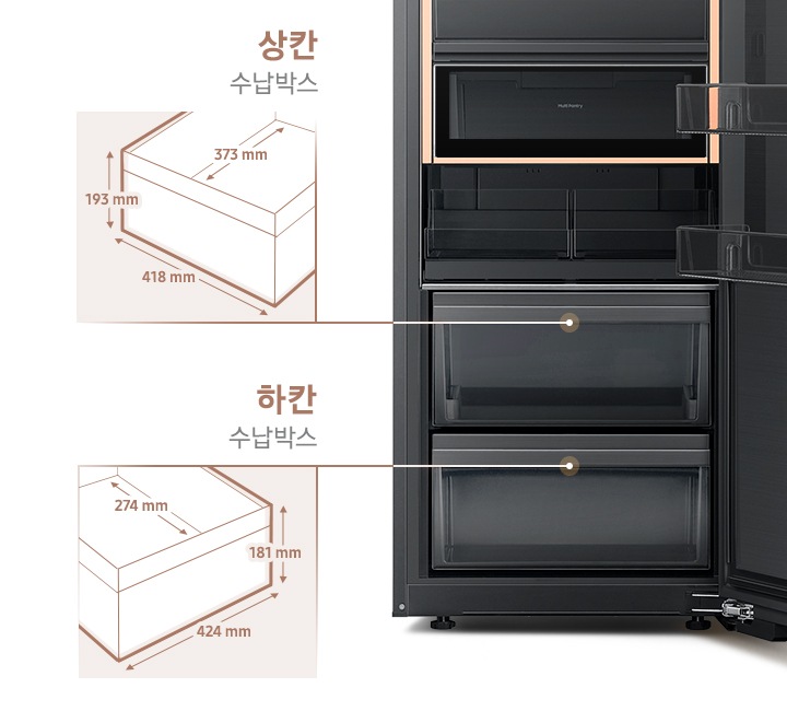 우측에 BESPOKE 김치플러스 1도어 Infinite Line 404 L의 도어가 열린 상태로 중하단부가 보여지고 있습니다. 그중 가장 아래 2개의 서랍을 강조하여 표시 후 좌측으로 각 수납박스의 일러스트와 사이즈를 보여주고 있습니다. 위에는 상칸 수납박스 라는 명칭 아래에 내부폭 373mm, 높이 193mm 정면 가로 418mm 로 사이즈 표기되어 있습니다. 아래에는 하칸 수납박스 라는 명칭 아래에 내부폭 274mm, 높이 181mm 정면 가로 424mm 로 사이즈 표기되어 있습니다.