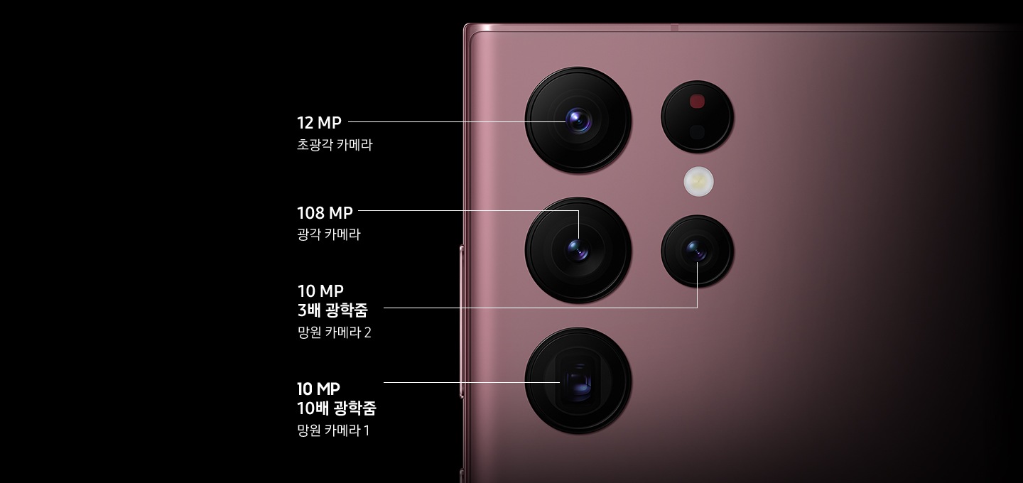 갤럭시 S22 Ultra 카메라 확대 모습입니다. 12 MP 초광각 카메라, 108 MP 광각 카메라, 10 MP 3배 광학줌 망원 카메라 2, 10 MP 10배 광학줌 망원 카메라 1