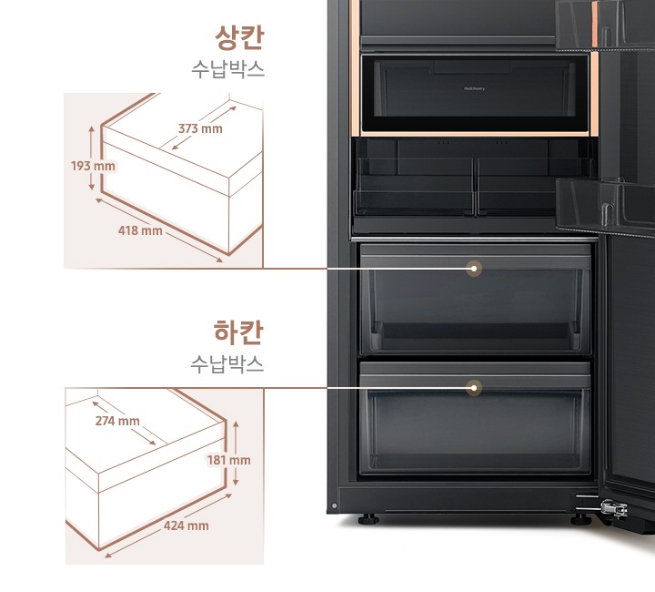 1도어 냉장고 도어가 오픈되어 있고 하단 대용량 수납박스에 대한 설명이 나와있습니다. 상칸 수납박스 상세 사이즈는 좌측에 일러스트로 나와있으며 높이 193mm, 가로 418mm, 깊이 373mm입니다. 하칸 수납박스 상세 사이즈는 우측에 일러스트로 나와있으며 높이 181mm, 가로 424mm, 깊이 274mm 입니다ㅣ.