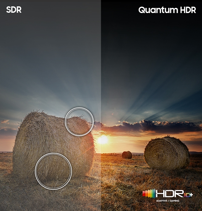 TV 화면에 볏집단과 노을지는 풍경이 보입니다. 좌 : SDR 풍경화면이 흐릿하게 보이고 색감이 선명하지 않습니다. 우 : 퀀텀 HDR 풍경이 선명하게 보이고 생생한 색감과 선명한 대비를 보여줍니다.