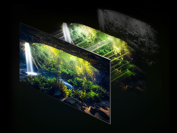 QNB800 TV 45도 모습이 보이고 화면속에는 초록색 숲 속 모습이 보입니다. TV 뒷편으로 빛반사가 된 모습을 보여주고 제일 뒷 모습으로는 화면 비트 모습을 그래픽화하여 보여줍니다.